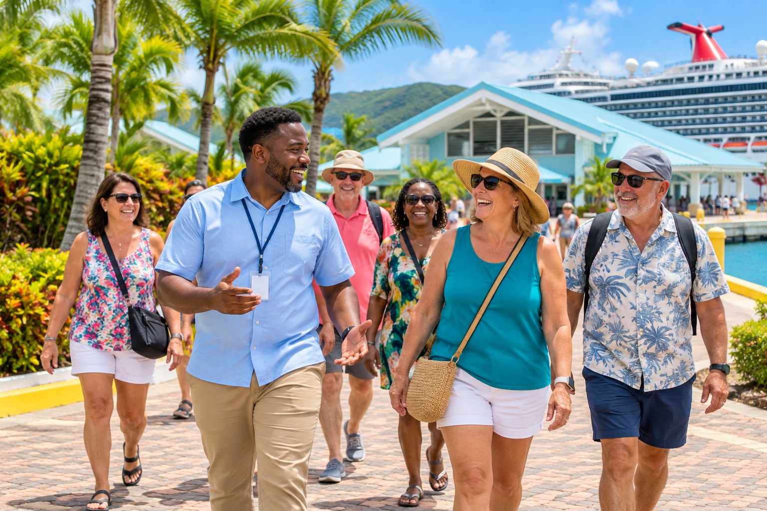 Illustrative Jamaican guide welcoming cruise visitors at a tropical port
